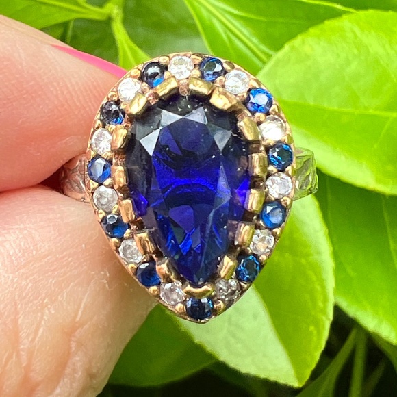 VINTAGE 925 STERLING SLVR VIVID ROYAL BLUE PASTE GLASS RING ORNATE DESIGN BAND